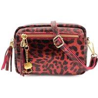 Kitise Women's Small Italian Genuine Leather Metallic Leopard Print Tassel Charm Crossbody Bag in Red