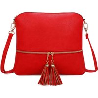 Kitise Women's Small Flat Tassel Accent Front Pocket Crossbody Handbag in Red