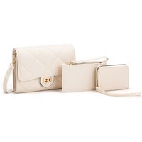 JFY Women's 3 In 1 Set Quited Check Pattern Flap Twist Lock Cross Body Bag in Beige