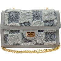 JFY Women's Faux Fur Flap With Metal Twist Clasp Cross Body Bag in Grey