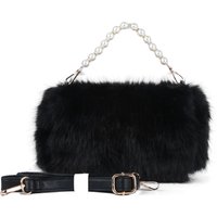 JFY Women's Pearl Grab Handle Faux Fur Clutch Bag in Black