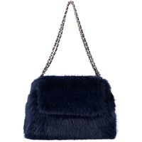 JFY Women's Flap Faux Fur Two Chain Handles Zip Top Closure Shoulder Bag in Navy