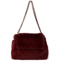 JFY Women's Flap Faux Fur Two Chain Handles Zip Top Closure Shoulder Bag in Wine