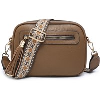 JFY Women's Tassel Two Zipped Sections Canvas Strap Cross Body Bag in Taupe