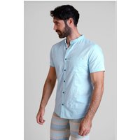 Sky Blue Cotton Linen Grandad Collar Shirt