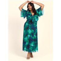 Curve Floral Abstract Tie Front Flutter Sleeve Midi Dress
