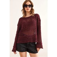 Regular Fit Openwork Cotton Knit Sweater Mini Pom Pom Detail