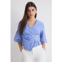 Wrap V Neck Blouse Button Detail