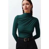 Fitted Ruched Asymmetric High Neck Knit Top Long Sleeve