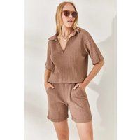 Regular Fit Ribbed 2 Piece Set Polo Top & Pocket Shorts Dark
