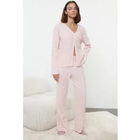 Knitted Pyjama Set Button Up Cardigan & Straight Leg Trousers
