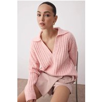 Relaxed Fit V Neck Ribbed Knit Long Sleeve Polo Collar Sweater Jumper Light