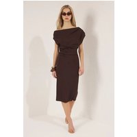 Midi Knit Bodycon Dress Ruched Waist & Draped Shoulder