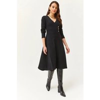 Knit V Neck Midi Line Dress Button Detail