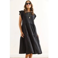 Cotton Ruffle Sleeve Tiered Midi Dres