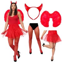 I Love Fancy Dress Women's Devil Costume Set - Red Horns, Wings, Tights & Skirt