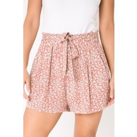 KRISP Women's Tie Belted Waist White Flower Print Shorts in Pink | Size: Small