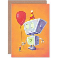 Artery8 Robot With Balloon Greetings Card in Orange