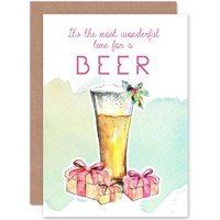 Artery8 Wonderful Time Beer Funny Pun Christmas Greetings Card in White