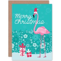 Artery8 Flamingo Santa Hat Greetings Card in Blue