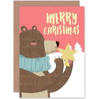 Artery8 Bear Holding Christmas Star Greetings Card in Pink