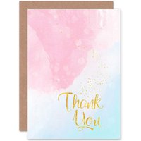 Artery8 Thank You Card Gold Lettering Texture Bright Typography Watercolour Greetings Card in Pink