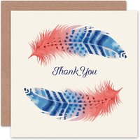 Wee Blue Coo Pink Blue Watercolour Bird Feathers Thank You Card