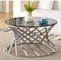 Comfy Living Ltd Round Geometric Design Metal Coffee Table With Tinted Glass Tempered Top in Silver | Size: 1 Pack