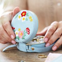 Lisa Angel Women's Blue Embroidered Floral Mini Round Jewellery Case in Baby Blue