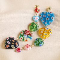 Asymmetrical Coloured Millefiori Heart Bead Drop Earrings