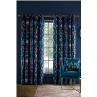 Catherine Lansfield 'Mya Tropical Floral' Lined Eyelet Curtains in Navy | Size: 168 cm width x 229 cm drop