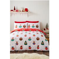 Catherine Lansfield 'Christmas Party Robins' Reversible Duvet Cover Set in White | Size: Double