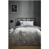 Catherine Lansfield 'Skeleton Fleece' Glow in the Dark Duvet Cover Set in Grey | Size: Double