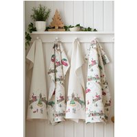 Catherine Lansfield 'Christmas Town' Cotton Kitchen Tea Towel Pack of 4 in Natural