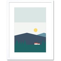 Artery8 Wall Art Print Geometric Shapes Highland Scotland Home Hills Sun Scottish Framed Art in White | Size: W7" x H9"