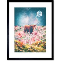 Artery8 Wall Art Print Scottish Highland Hairy Coo Trippy Psychedelic Landscape Space Framed Art in Black | Size: W7" x H9"