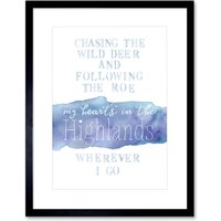 Artery8 Wall Art Print My Heart's Highlands Scotland Burns Song Lyrics Watercolour Framed Art in Black | Size: W7" x H9"