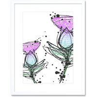 Artery8 Wall Art Print Scottish Thistle Head Flowers Ink Drip Design Scotland Framed Art in White | Size: W7" x H9"