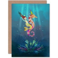 Artery8 Mermaid Seahorse Yellow Greetings Card in Blue