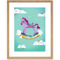 Artery8 Wall Art Print Rocking Unicorn Rainbow Framed Art in Beige | Size: W7" x H9"