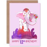 Artery8 Elephant Flower 12th Birthday Greetings Card in Pink