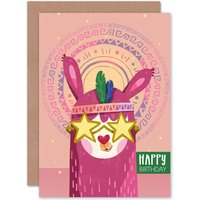 Artery8 Llama Stars Birthday Greetings Card in Pink