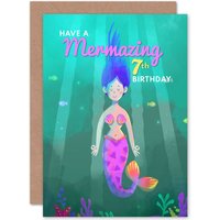 Artery8 Mermaid Pink Mermazing 7th Birthday Greetings Card in Green