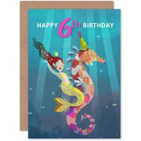 Artery8 Mermaid Seahorse 6th Birthday Greetings Card in Blue