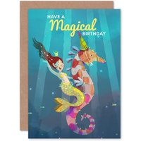 Artery8 Mermaid Seahorse Magical Birthday Greetings Card in Blue