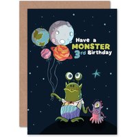 Artery8 Space Balloon Monster 3rd Birthday Greetings Card in Dark Blue
