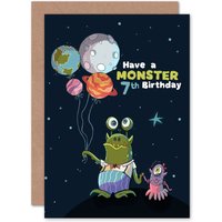 Artery8 Space Balloon Monster 7th Birthday Greetings Card in Dark Blue