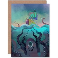 Artery8 Pirate Ship Octopus Greetings Card in Blue