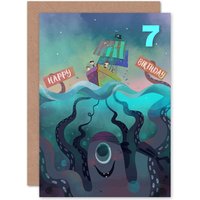 Artery8 Pirate Octopus 7th Birthday Greetings Card in Blue