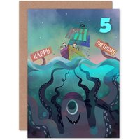 Artery8 Pirate Octopus 5th Birthday Greetings Card in Blue